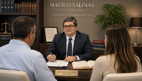 Juan Madrid Salinas reunido con clientes en Madrid Salinas Abogados para reclamar humedades ocultas y vicios ocultos tras la compra de una vivienda