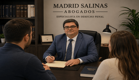 Juan Madrid Salinas reunido con clientes en Madrid Salinas Abogados durante una consulta de derecho penal sobre una denuncia por una reseña en Internet