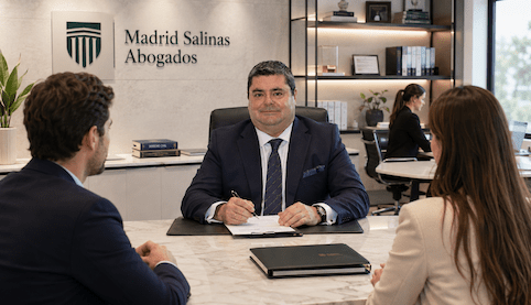 Abogado mercantil en Sevilla reunido con clientes en Madrid Salinas Abogados para asesorar sobre un conflicto entre socios.