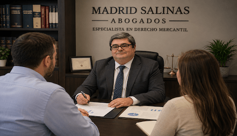 Juan Madrid Salinas reunido con socios de una empresa en Madrid Salinas Abogados asesorando sobre acceso a cuentas anuales, derechos de información y conflictos societarios