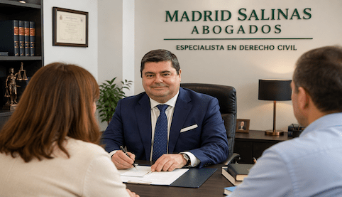 Abogado civil de Madrid Salinas Abogados asesorando a clientes en el despacho sobre una reclamación por una reforma mal hecha en vivienda.