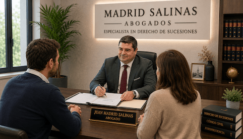 Juan Madrid Salinas reunido con dos herederos en Madrid Salinas Abogados analizando movimientos bancarios y conflictos hereditarios tras un fallecimiento