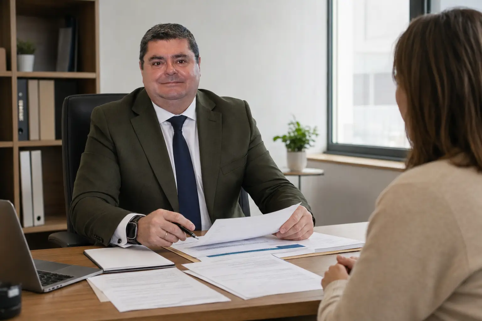 Juan Madrid Salinas revisando documentacion de un accidente laboral o de trafico con una clienta