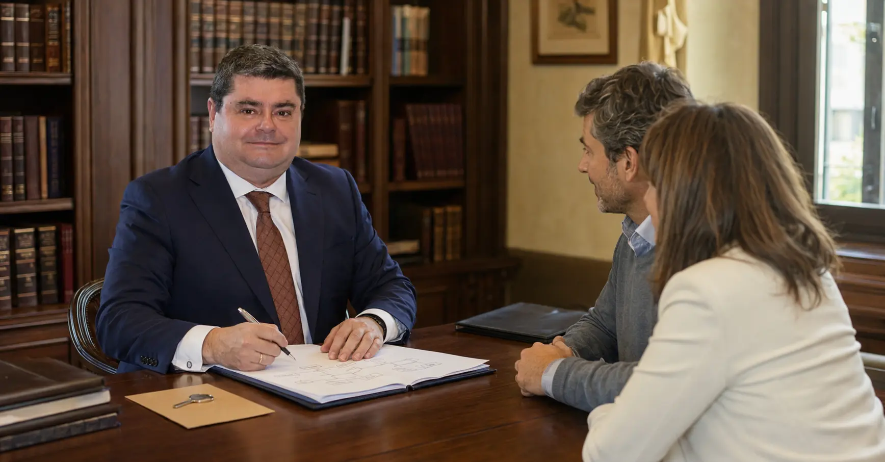 Juan Madrid Salinas, abogado de herencias en Sevilla, reunido con dos herederos