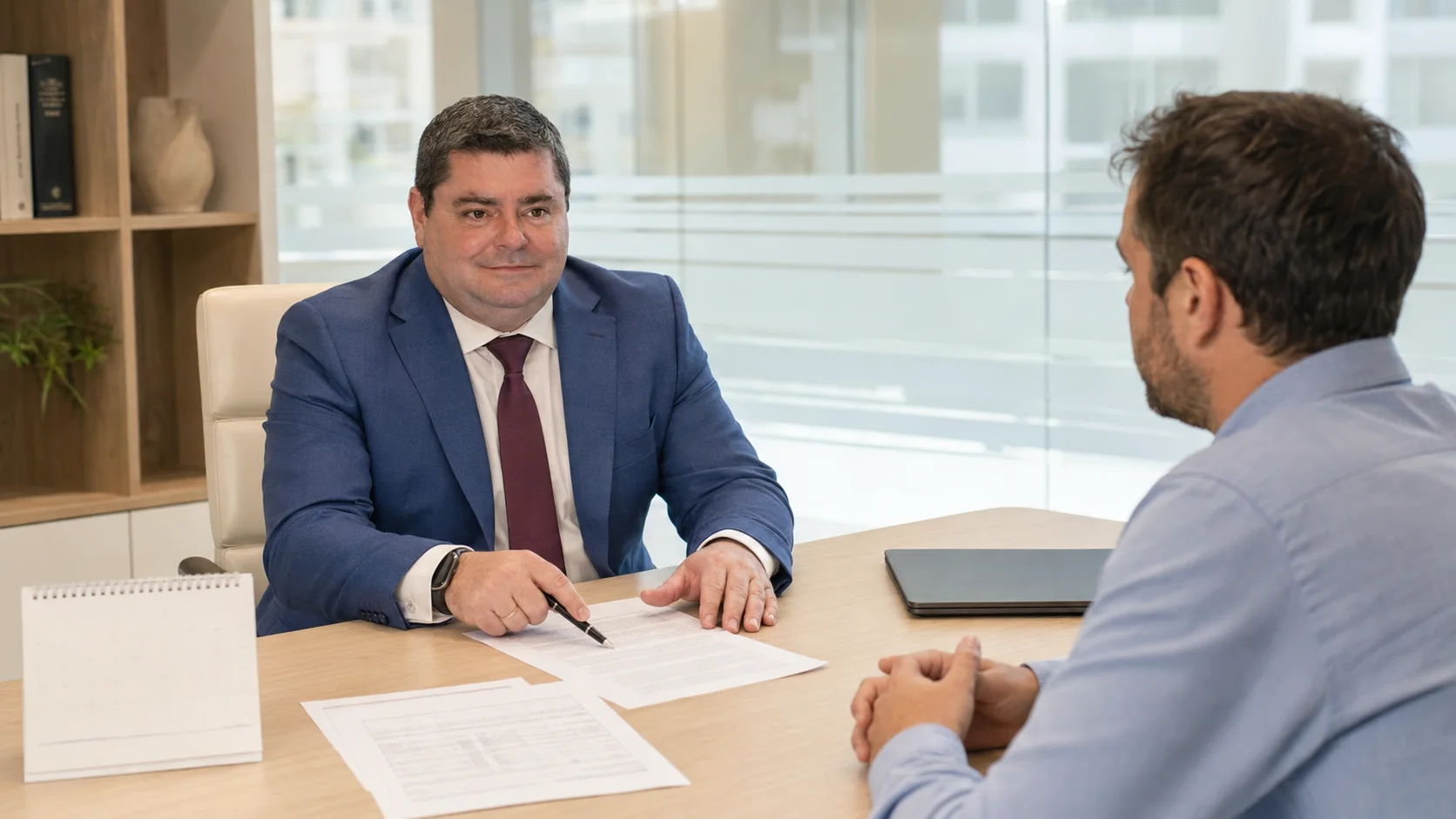 Juan Madrid Salinas, abogado laboralista en Sevilla, revisando documentación laboral con un cliente