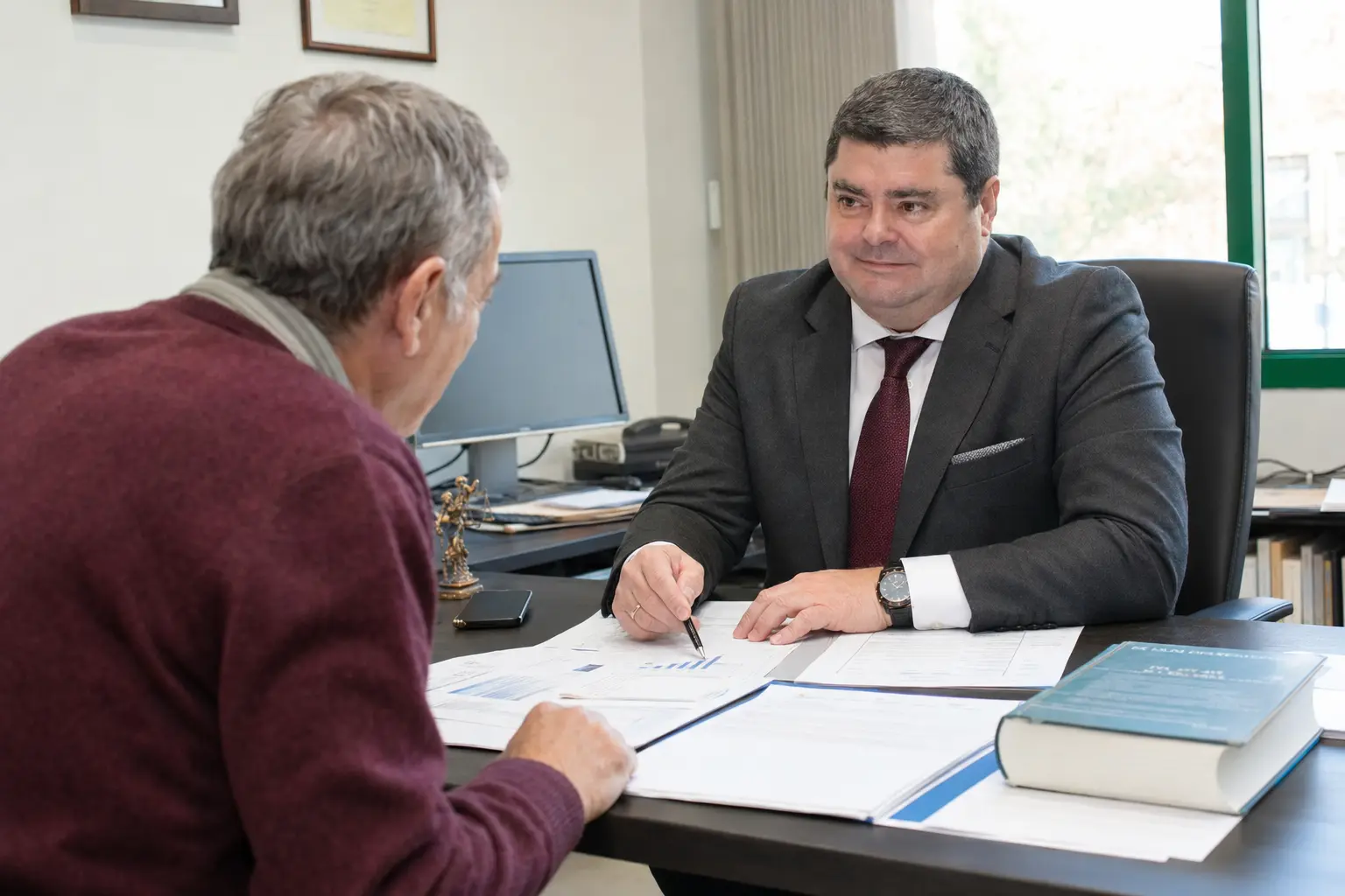 Juan Madrid Salinas, abogado de Seguridad Social en Sevilla, revisando una prestacion con un cliente