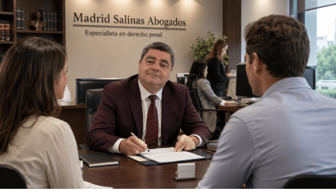 Juan Madrid Salinas atendiendo a dos clientes en el despacho Madrid Salinas Abogados, especialista en derecho penal en Sevilla.
