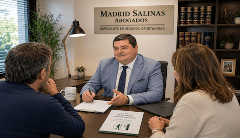 Abogado asesorando a dos clientes sobre la deuda mínima para acogerse a la Ley de la Segunda Oportunidad