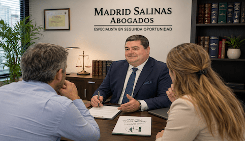 Abogado asesorando a dos clientes sobre las deudas que no se cancelan con la Ley de la Segunda Oportunidad