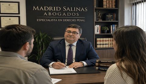 Juan Madrid Salinas reunido con clientes en el despacho Madrid Salinas Abogados, especialista en derecho penal en Sevilla.