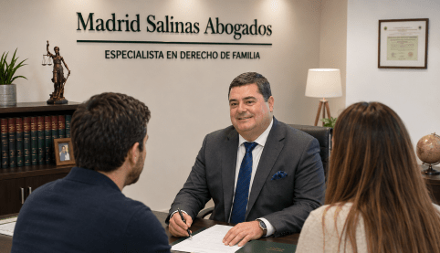 Abogado de familia reunido con clientes en el despacho durante una consulta legal