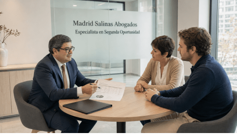Abogado asesorando a dos clientes sobre la Segunda Oportunidad con nómina