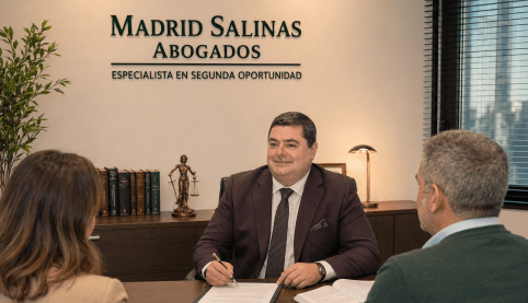 Abogado asesorando a una pareja de clientes sobre la Segunda Oportunidad para autónomos en el despacho
