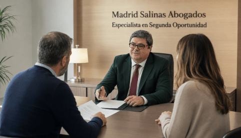 Abogado asesorando a dos clientes sobre la Segunda Oportunidad sin bienes en Madrid Salinas Abogados