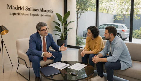 Abogado asesorando a unos clientes sobre cómo conservar el coche en la Segunda Oportunidad