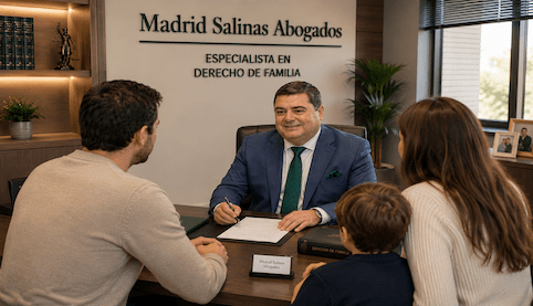 Abogado de familia asesorando a unos padres y su hijo sobre un conflicto relacionado con el régimen de visitas tras una separación.