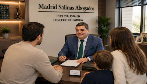 Abogado de familia asesorando a unos padres y su hijo sobre un conflicto relacionado con el régimen de visitas tras una separación.